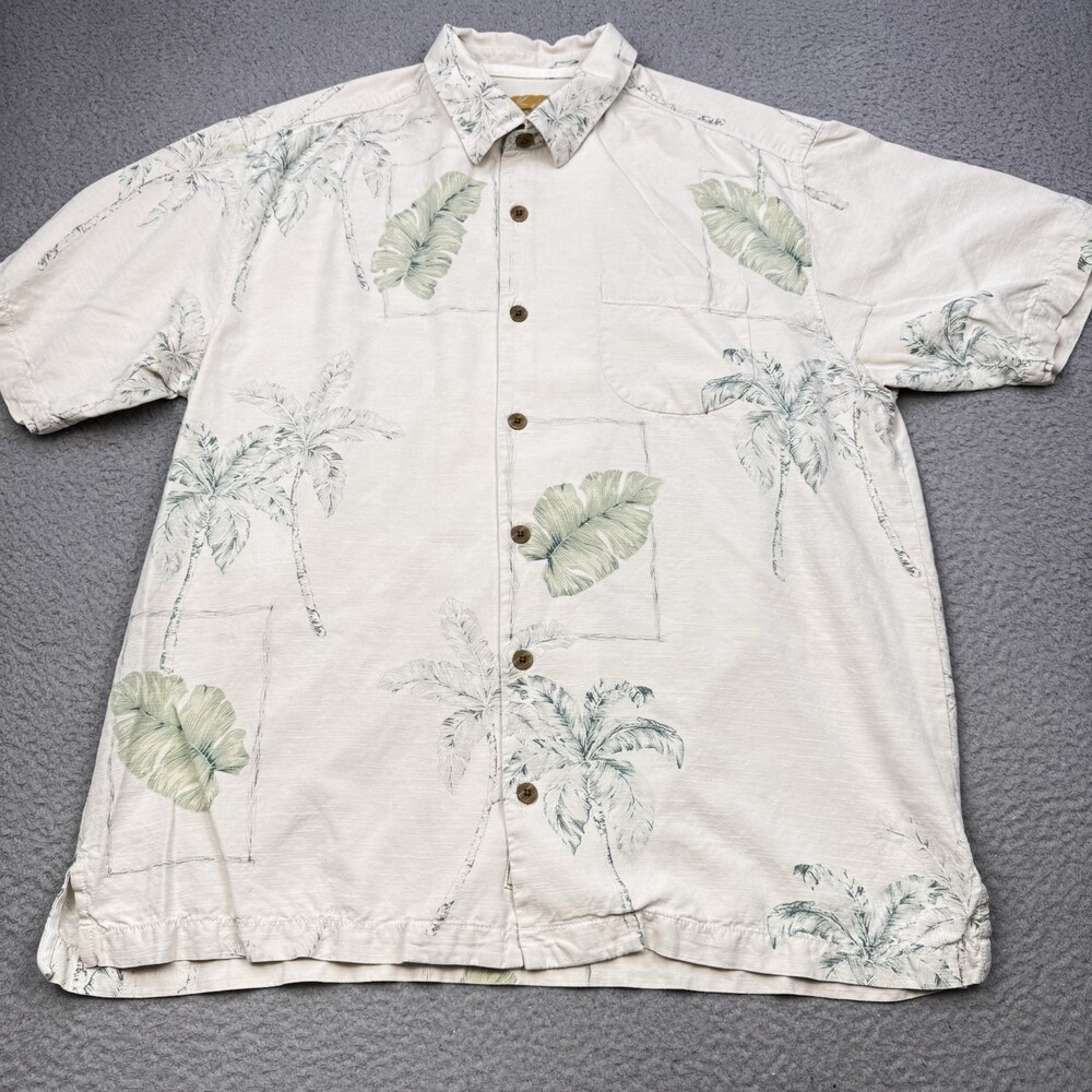 TOMMY BAHAMA Shirt Mens Large Beige 100% Silk Floral Camp Casual